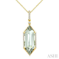 22X8 MM Hexagon Shape Green Amethyst and 1/6 Ctw Round Cut Diamond Semi-Precious Pendant With Chain in 14K Yellow Gold