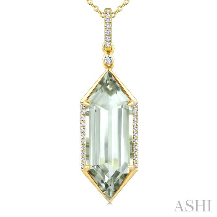 22X8 MM Hexagon Shape Green Amethyst and 1/6 Ctw Round Cut Diamond Semi-Precious Pendant With Chain in 14K Yellow Gold
