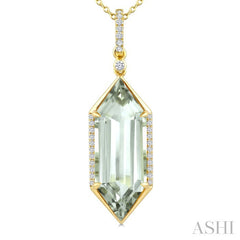 22X8 MM Hexagon Shape Green Amethyst and 1/6 Ctw Round Cut Diamond Semi-Precious Pendant With Chain in 14K Yellow Gold