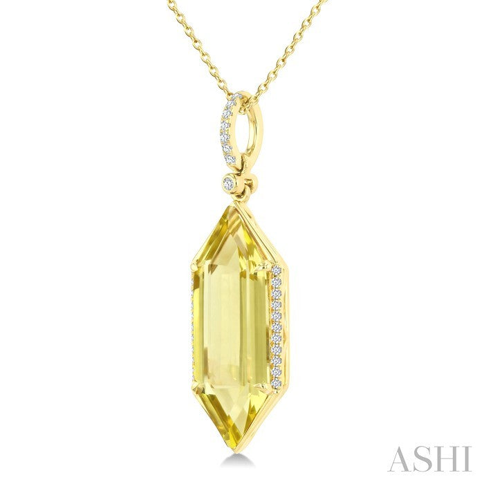 22X8 MM Hexagon Shape Lemon Quartz and 1/6 Ctw Round Cut Diamond Semi-Precious Pendant With Chain in 14K Yellow Gold