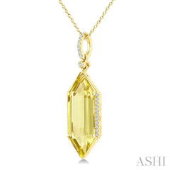 22X8 MM Hexagon Shape Lemon Quartz and 1/6 Ctw Round Cut Diamond Semi-Precious Pendant With Chain in 14K Yellow Gold