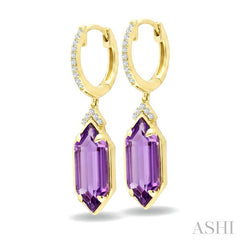 14X6 MM Hexagon Shape Amethyst and 1/6 Ctw Round Cut Diamond Semi-Precious Earrings in 14K Yellow Gold