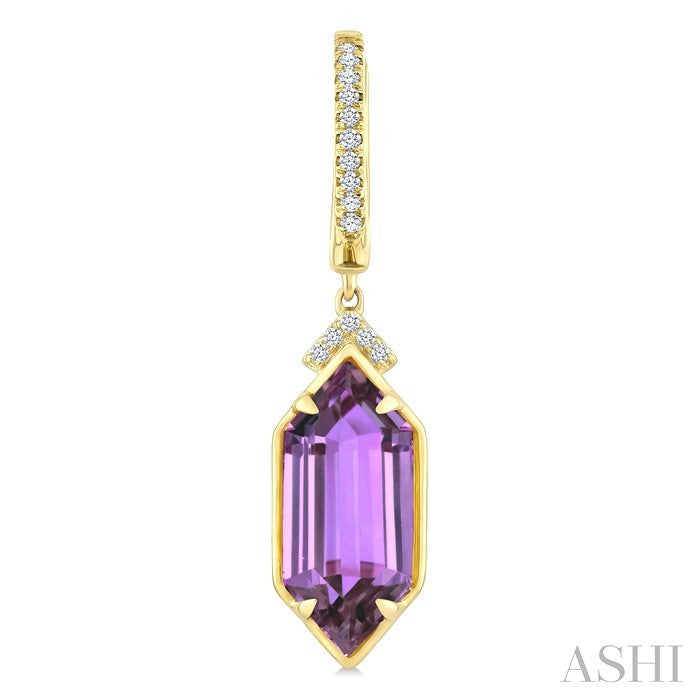 14X6 MM Hexagon Shape Amethyst and 1/6 Ctw Round Cut Diamond Semi-Precious Earrings in 14K Yellow Gold