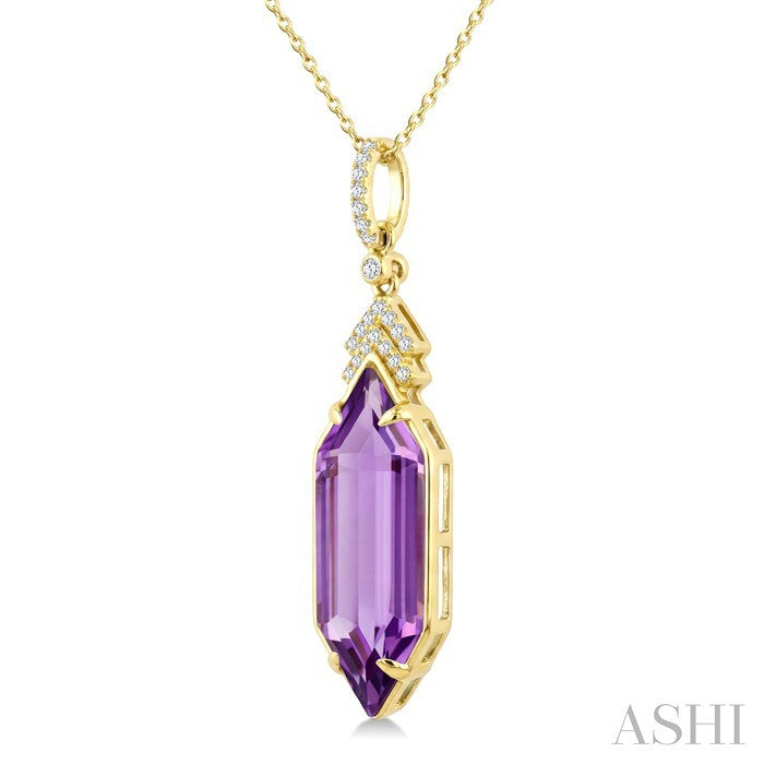 22X8 MM Hexagon Shape Amethyst and 1/10 Ctw Round Cut Diamond Semi-Precious Pendant With Chain in 14K Yellow Gold
