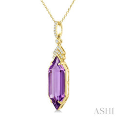 22X8 MM Hexagon Shape Amethyst and 1/10 Ctw Round Cut Diamond Semi-Precious Pendant With Chain in 14K Yellow Gold