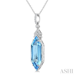22X8 MM Hexagon Shape Blue Topaz and 1/10 Ctw Round Cut Diamond Semi-Precious Pendant With Chain in 14K White Gold