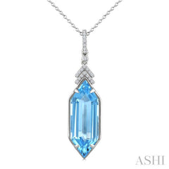 22X8 MM Hexagon Shape Blue Topaz and 1/10 Ctw Round Cut Diamond Semi-Precious Pendant With Chain in 14K White Gold