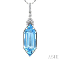 22X8 MM Hexagon Shape Blue Topaz and 1/10 Ctw Round Cut Diamond Semi-Precious Pendant With Chain in 14K White Gold
