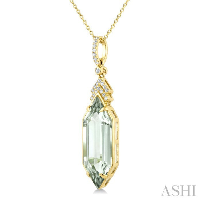 22X8 MM Hexagon Shape Green Amethyst and 1/10 Ctw Round Cut Diamond Semi-Precious Pendant With Chain in 14K Yellow Gold