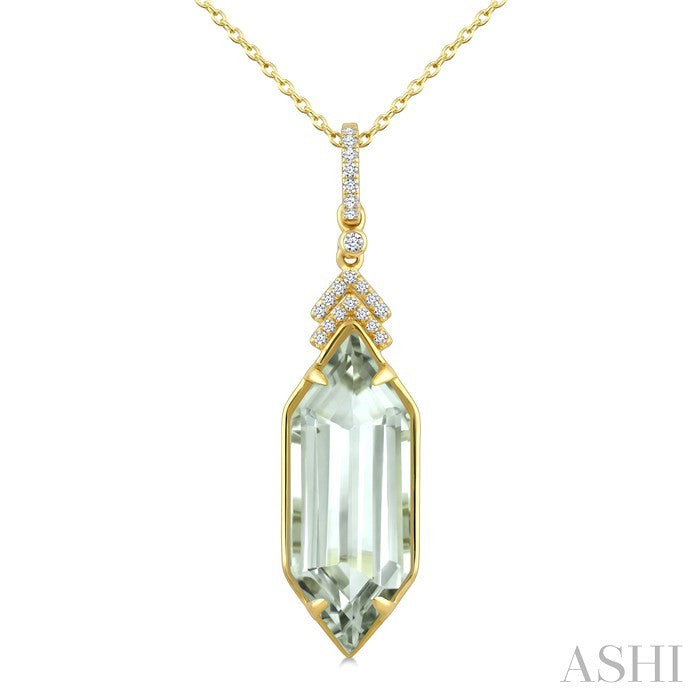 22X8 MM Hexagon Shape Green Amethyst and 1/10 Ctw Round Cut Diamond Semi-Precious Pendant With Chain in 14K Yellow Gold