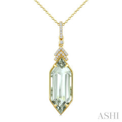 22X8 MM Hexagon Shape Green Amethyst and 1/10 Ctw Round Cut Diamond Semi-Precious Pendant With Chain in 14K Yellow Gold
