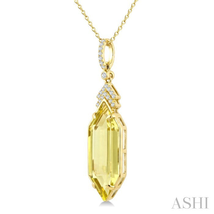 22X8 MM Hexagon Shape Lemon Quartz and 1/10 Ctw Round Cut Diamond Semi-Precious Pendant With Chain in 14K Yellow Gold