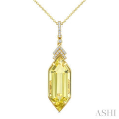 22X8 MM Hexagon Shape Lemon Quartz and 1/10 Ctw Round Cut Diamond Semi-Precious Pendant With Chain in 14K Yellow Gold