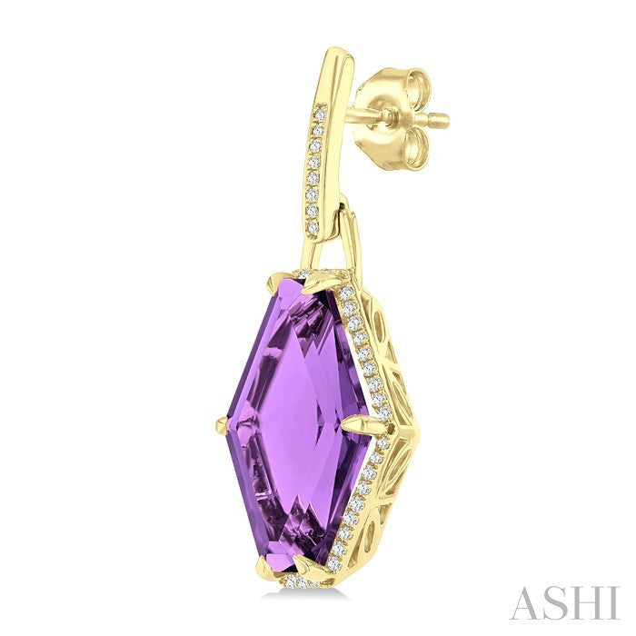 16x10 MM Hexagon Shape Amethyst and 1/4 Ctw Round Cut Diamond Halo Semi-Precious Earrings in 14K Yellow Gold