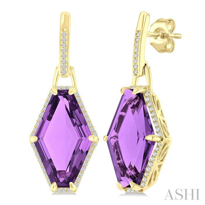 16x10 MM Hexagon Shape Amethyst and 1/4 Ctw Round Cut Diamond Halo Semi-Precious Earrings in 14K Yellow Gold