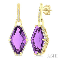 16x10 MM Hexagon Shape Amethyst and 1/4 Ctw Round Cut Diamond Halo Semi-Precious Earrings in 14K Yellow Gold