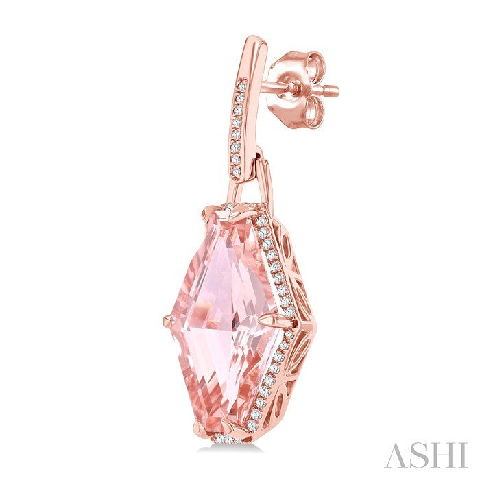 16x10 MM Hexagon Shape Morganite and 1/4 Ctw Round Cut Diamond Halo Semi-Precious Earrings in 14K Rose Gold