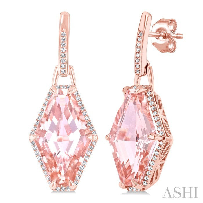16x10 MM Hexagon Shape Morganite and 1/4 Ctw Round Cut Diamond Halo Semi-Precious Earrings in 14K Rose Gold