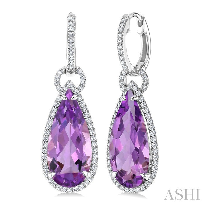 18X8 MM Pear Cut Amethyst and 5/8 Ctw Round Cut Diamond Halo Semi-Precious Earrings in 14K White Gold