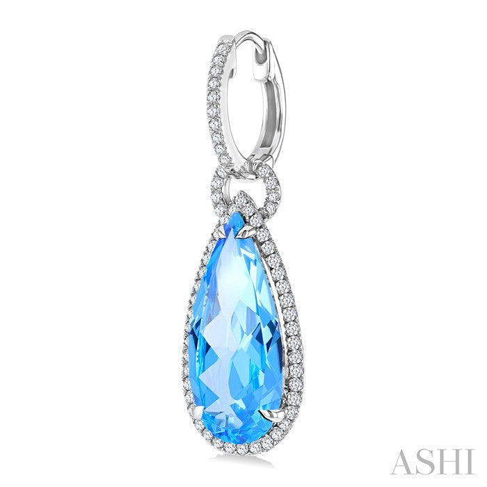 18X8 MM Pear Cut Blue Topaz and 5/8 Ctw Round Cut Diamond Halo Semi-Precious Earrings in 14K White Gold