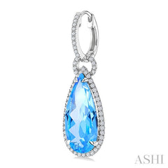 18X8 MM Pear Cut Blue Topaz and 5/8 Ctw Round Cut Diamond Halo Semi-Precious Earrings in 14K White Gold