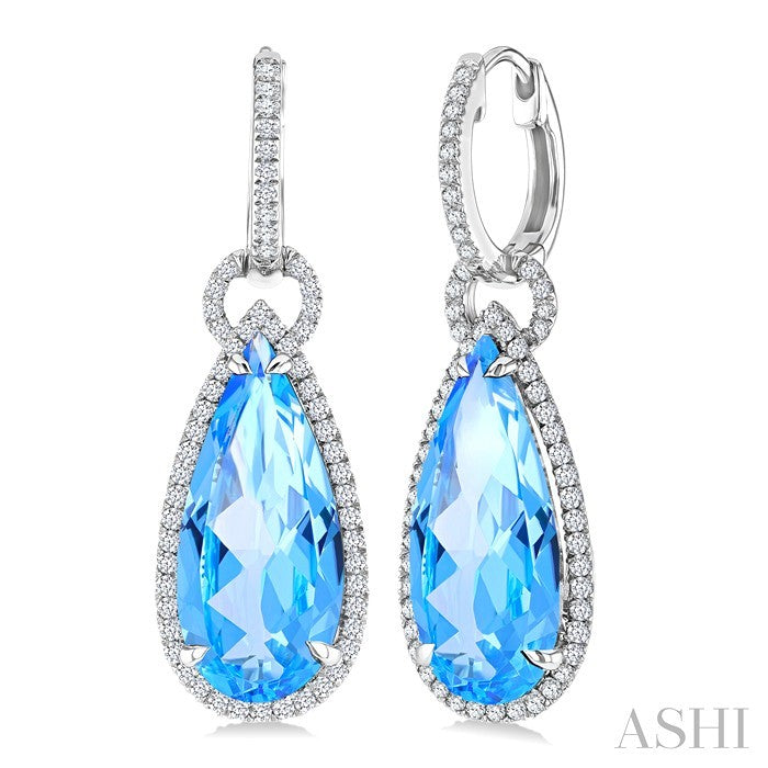 18X8 MM Pear Cut Blue Topaz and 5/8 Ctw Round Cut Diamond Halo Semi-Precious Earrings in 14K White Gold