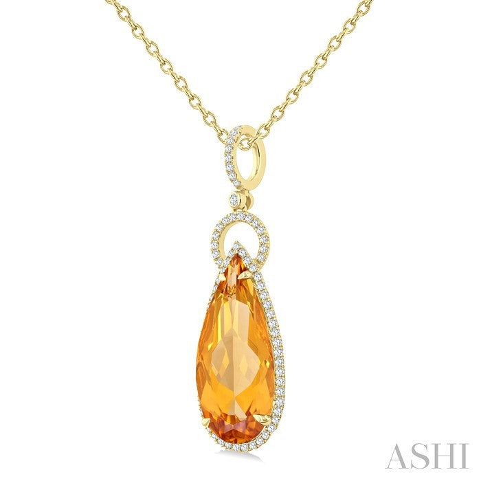 22X10 MM Pear Cut Citrine and 1/3 Ctw Round Cut Diamond Halo Semi-Precious Pendant With Chain in 14K Yellow Gold