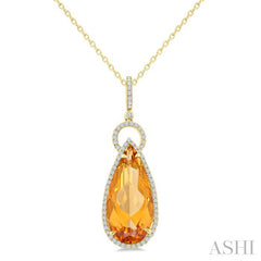 22X10 MM Pear Cut Citrine and 1/3 Ctw Round Cut Diamond Halo Semi-Precious Pendant With Chain in 14K Yellow Gold