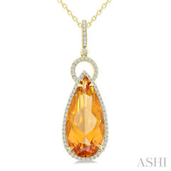 22X10 MM Pear Cut Citrine and 1/3 Ctw Round Cut Diamond Halo Semi-Precious Pendant With Chain in 14K Yellow Gold