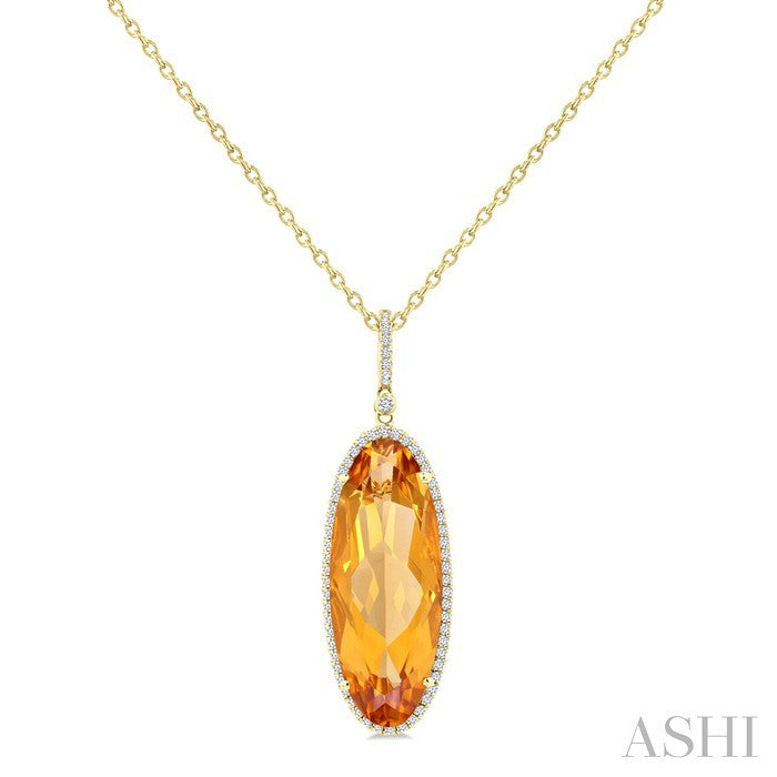 26x10 MM Oval Cut Citrine and 1/3 Ctw Round Cut Diamond Semi-Precious Pendant With Chain in 14K Yellow Gold