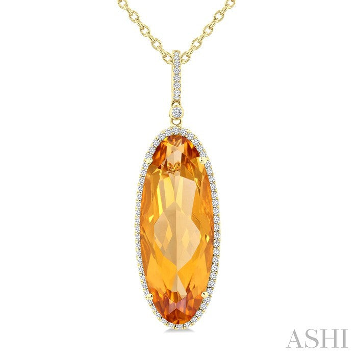 26x10 MM Oval Cut Citrine and 1/3 Ctw Round Cut Diamond Semi-Precious Pendant With Chain in 14K Yellow Gold