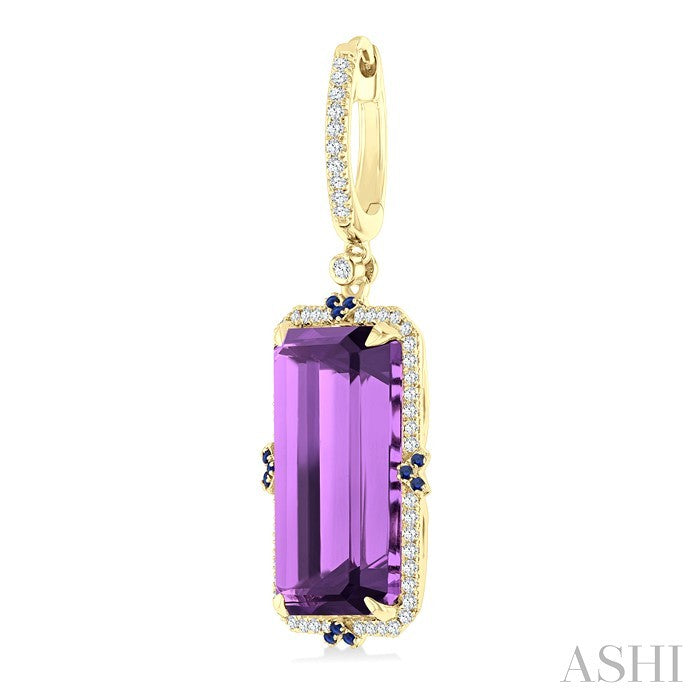 17x9 MM Emerald Cut Amethyst and .80 MM Sapphire & 1/3 Ctw Round Cut Diamond Halo Precious & Semi-Precious Earrings in 14K Yellow Gold