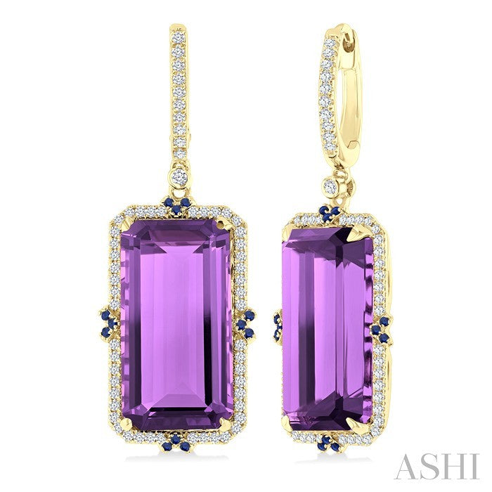 17x9 MM Emerald Cut Amethyst and .80 MM Sapphire & 1/3 Ctw Round Cut Diamond Halo Precious & Semi-Precious Earrings in 14K Yellow Gold