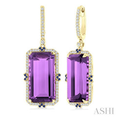 17x9 MM Emerald Cut Amethyst and .80 MM Sapphire & 1/3 Ctw Round Cut Diamond Halo Precious & Semi-Precious Earrings in 14K Yellow Gold