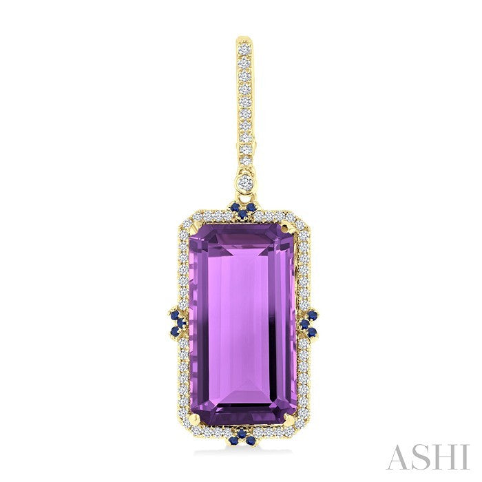 17x9 MM Emerald Cut Amethyst and .80 MM Sapphire & 1/3 Ctw Round Cut Diamond Halo Precious & Semi-Precious Earrings in 14K Yellow Gold