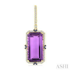 17x9 MM Emerald Cut Amethyst and .80 MM Sapphire & 1/3 Ctw Round Cut Diamond Halo Precious & Semi-Precious Earrings in 14K Yellow Gold