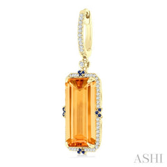 17x9 MM Emerald Cut Citrine and .80 MM Sapphire & 1/3 Ctw Round Cut Diamond Halo Precious & Semi-Precious Earrings in 14K Yellow Gold