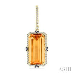 17x9 MM Emerald Cut Citrine and .80 MM Sapphire & 1/3 Ctw Round Cut Diamond Halo Precious & Semi-Precious Earrings in 14K Yellow Gold