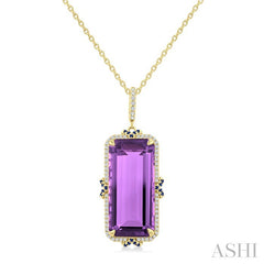 22x10 MM Emerald Cut Amethyst and .80 MM Sapphire & 1/5 Ctw Round Cut Diamond Halo Precious & Semi-Precious Pendant With Chain in 14K Yellow Gold