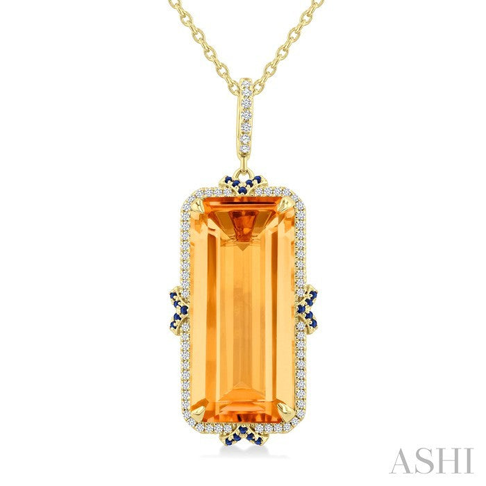 22x10 MM Emerald Cut Citrine and .80 MM Sapphire & 1/5 Ctw Round Cut Diamond Halo Precious & Semi-Precious Pendant With Chain in 14K Yellow Gold
