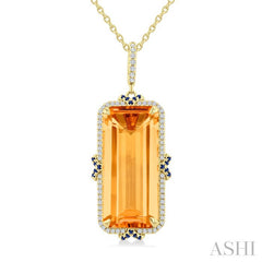 22x10 MM Emerald Cut Citrine and .80 MM Sapphire & 1/5 Ctw Round Cut Diamond Halo Precious & Semi-Precious Pendant With Chain in 14K Yellow Gold