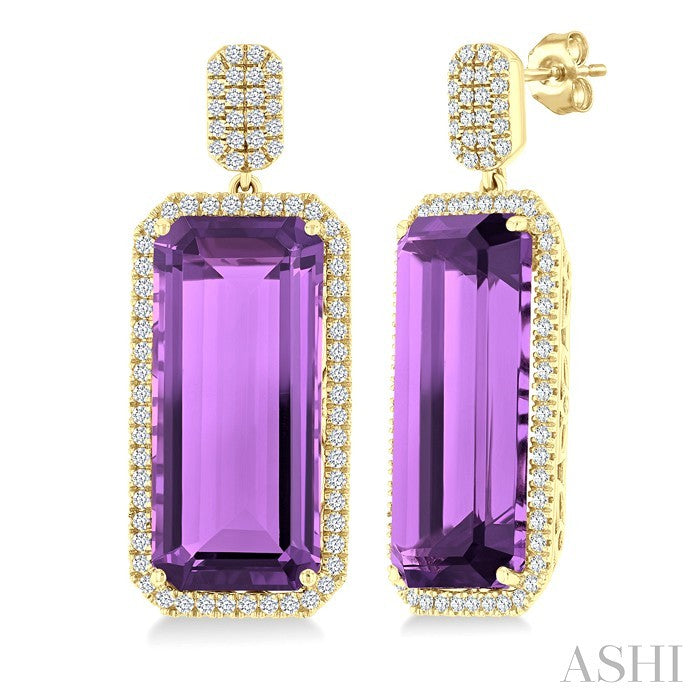 22x10 MM Emerald Cut Amethyst and 7/8 Ctw Round Cut Diamond Halo Semi-Precious Earrings in 14K Yellow Gold