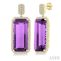 22x10 MM Emerald Cut Amethyst and 7/8 Ctw Round Cut Diamond Halo Semi-Precious Earrings in 14K Yellow Gold