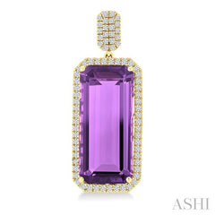 22x10 MM Emerald Cut Amethyst and 7/8 Ctw Round Cut Diamond Halo Semi-Precious Earrings in 14K Yellow Gold