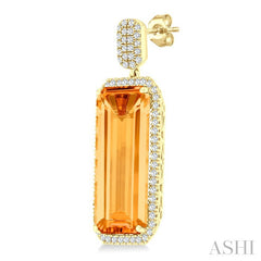 22x10 MM Emerald Cut Citrine and 7/8 Ctw Round Cut Diamond Halo Semi-Precious Earrings in 14K Yellow Gold