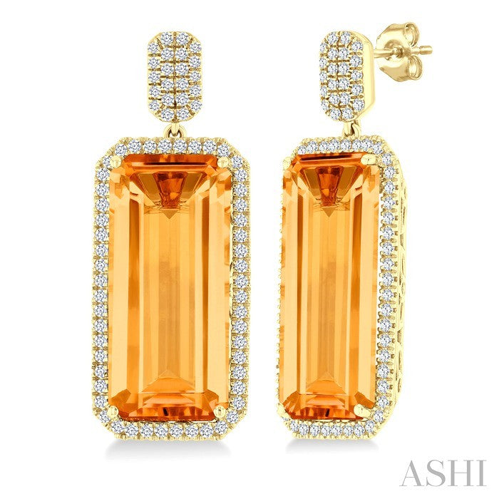 22x10 MM Emerald Cut Citrine and 7/8 Ctw Round Cut Diamond Halo Semi-Precious Earrings in 14K Yellow Gold