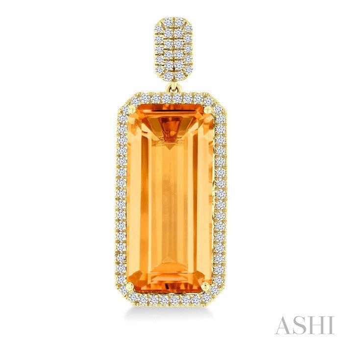 22x10 MM Emerald Cut Citrine and 7/8 Ctw Round Cut Diamond Halo Semi-Precious Earrings in 14K Yellow Gold