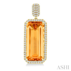 22x10 MM Emerald Cut Citrine and 7/8 Ctw Round Cut Diamond Halo Semi-Precious Earrings in 14K Yellow Gold