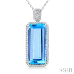 26X12 MM Emerald Cut Blue Topaz and 1/2 Ctw Round Cut Diamond Halo Semi-Precious Pendant With Chain in 14K White Gold