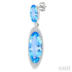 18x8 MM & 10x5 MM Oval Cut Blue Topaz and 3/4 Ctw Round Cut Diamond Halo Semi-Precious Earrings in 14K White Gold